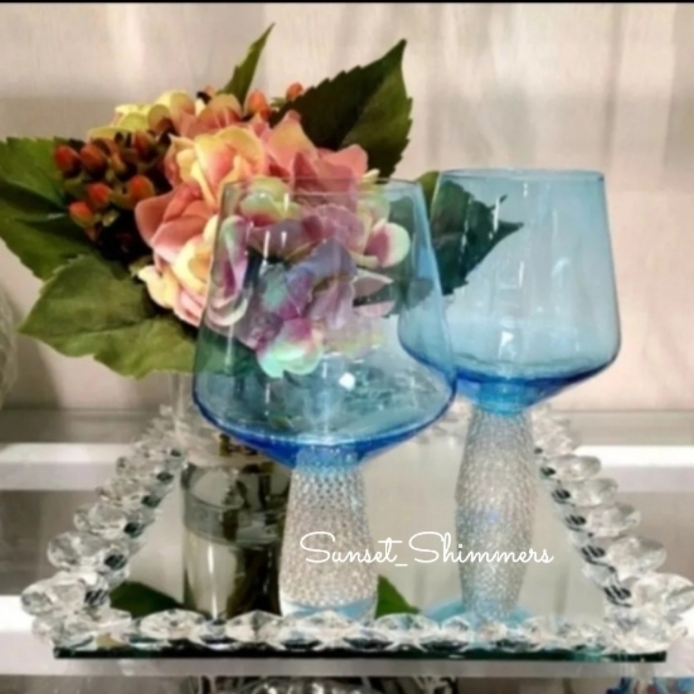 2 New Ice BLUE Rhinestone Crystal Cocktail Bar Wine Glass Goblets NEW